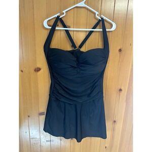 Sunsations Womens 2X Black Ruched Swimdress One Piece Swimsuit Adjustable Straps